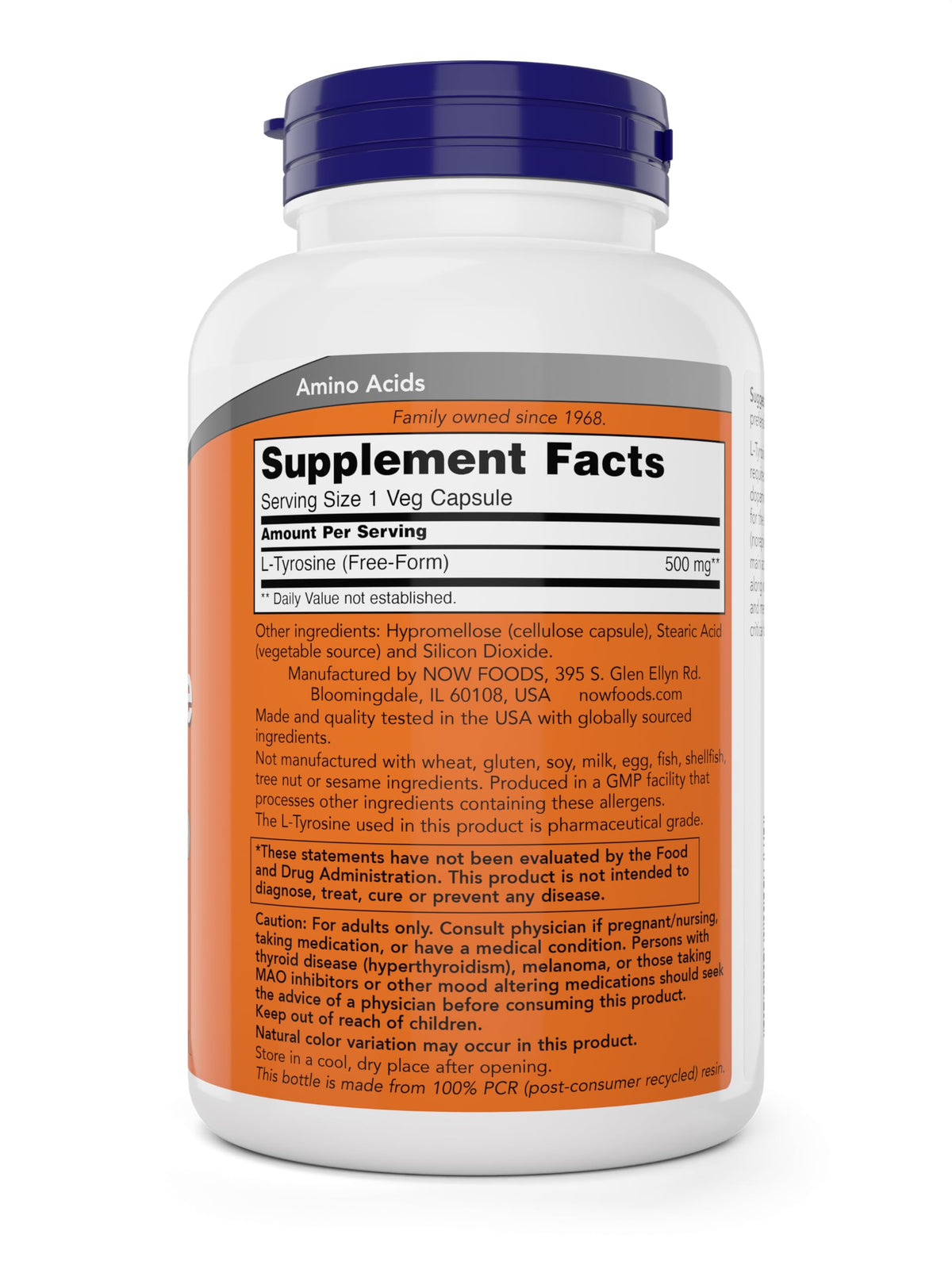 NOW Foods L-Tyrosine 500mg étiquette avec dosage