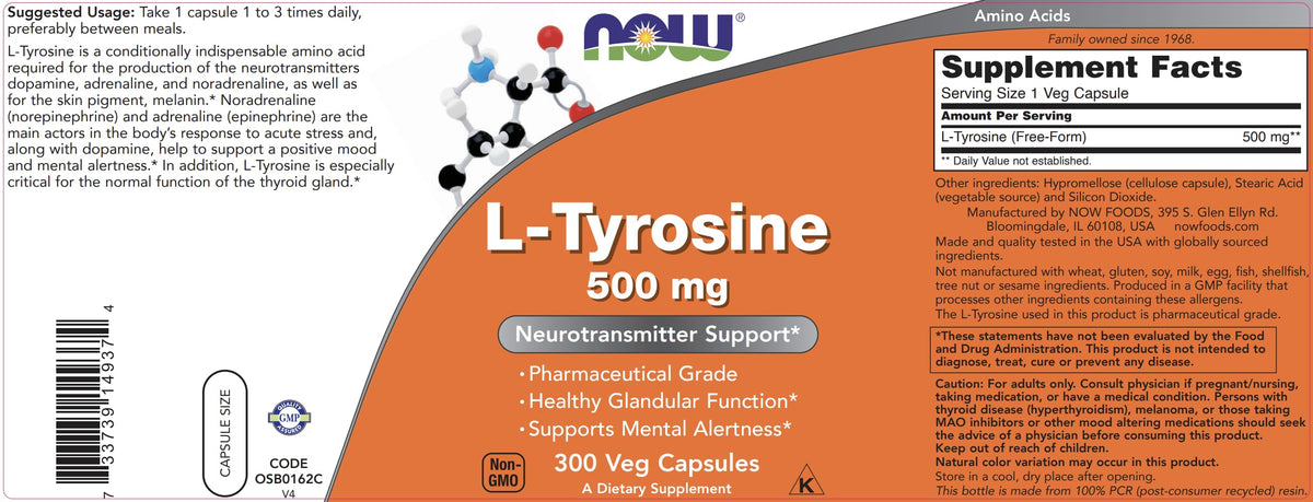 NOW Foods L-Tyrosine 500mg vue de côté sur un fond blanc