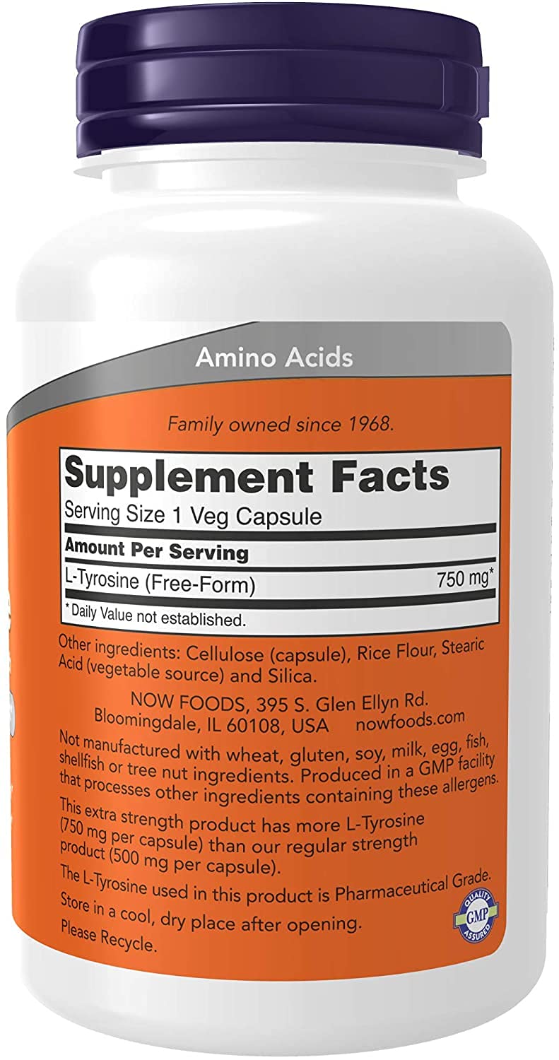 NOW Foods L-Tyrosine 750 mg 90 capsules, contenant ouvert avec capsules visibles