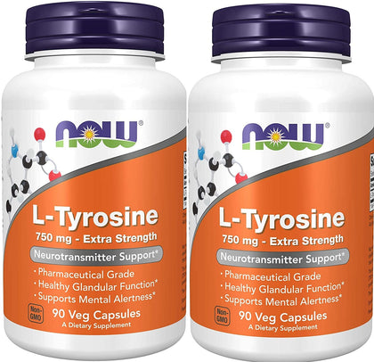 NOW Foods L-Tyrosine 750 mg 90 capsules, vue avant de l'emballage