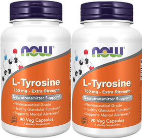 NOW Foods L-Tyrosine 750 mg 90 capsules, vue latérale montrant les capsules