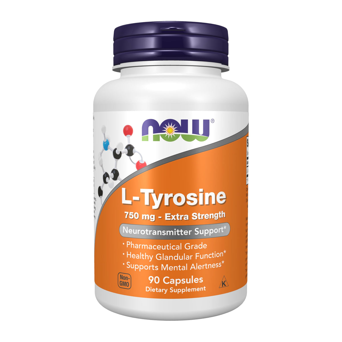 NOW Foods L-Tyrosine 750 mg 90 Veg Capsules front view