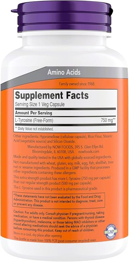 NOW Foods L-Tyrosine 750 mg capsule végétale