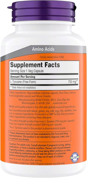 NOW Foods L-Tyrosine 750 mg capsules, étiquette détaillée