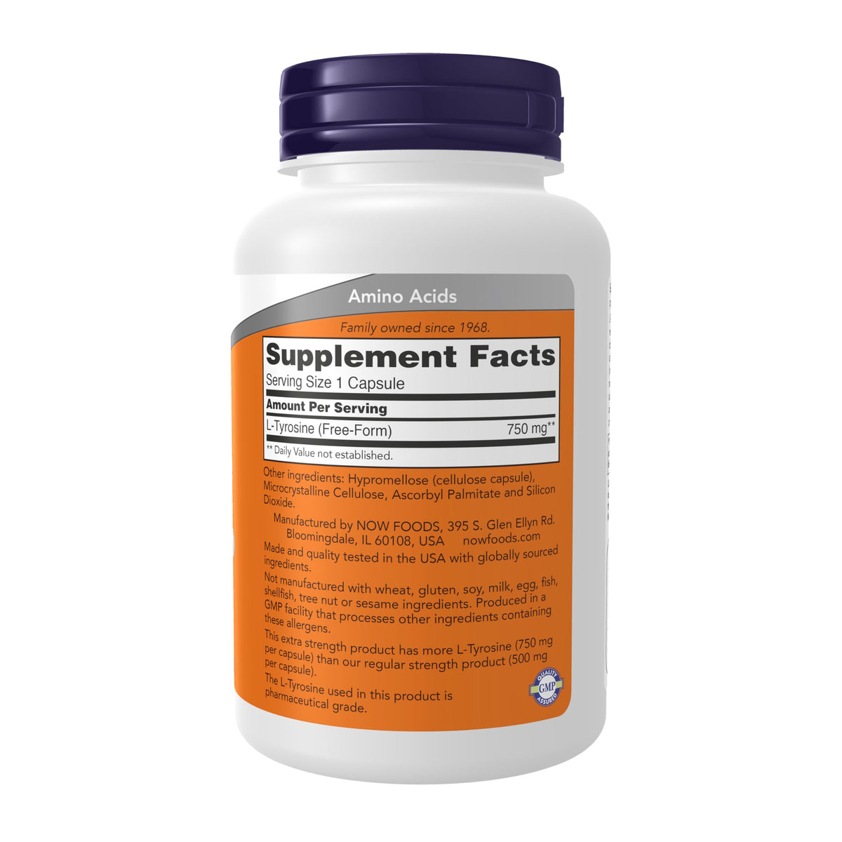 NOW Foods L-Tyrosine 750 mg capsules side view