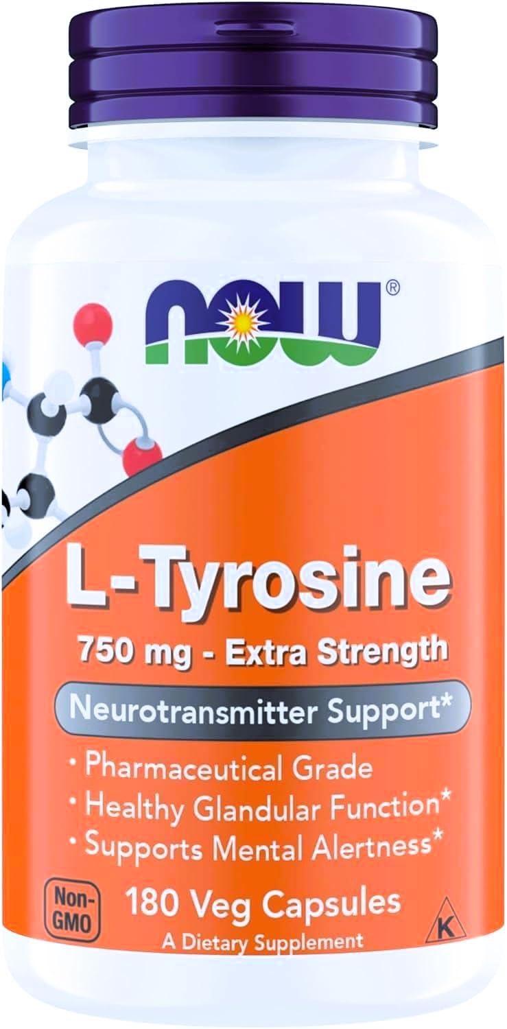 NOW Foods L-Tyrosine 750 mg capsules végétariennes, vue de face
