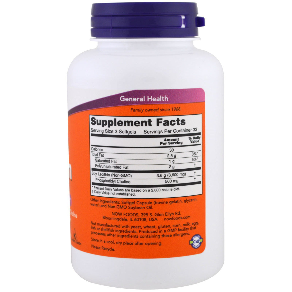 NOW Foods Lecithine 1200 mg étiquette et informations nutritionnelles