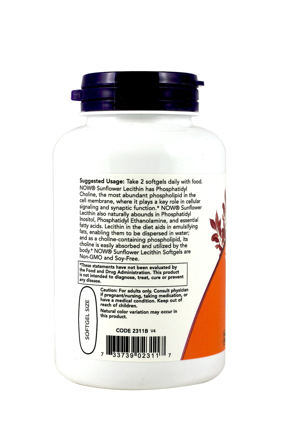 NOW Foods Lécithine de Tournesol 1 200 mg paquet arrière