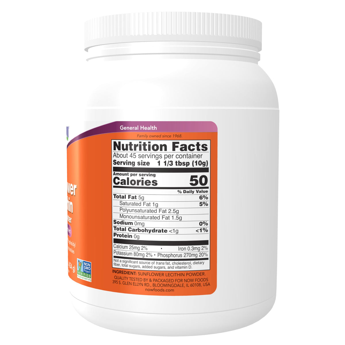 NOW Foods Lécithine de Tournesol Poudre 550g vue arrière avec informations nutritionnelles
