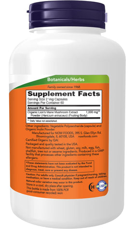 NOW Foods Lion's Mane 500 mg capsules packaging