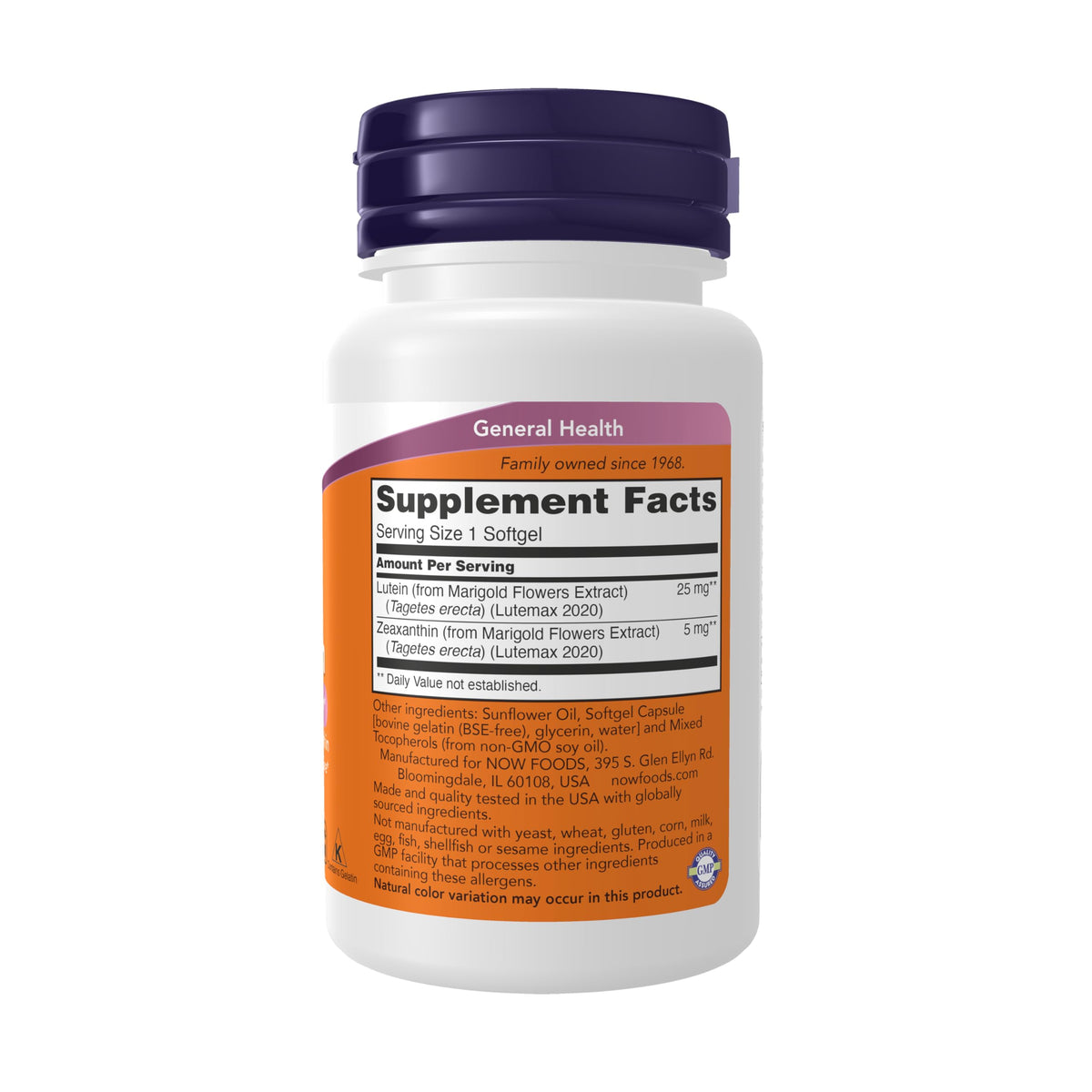 NOW Foods Luthéine & Zéaxanthine 25 mg étiquette du produit