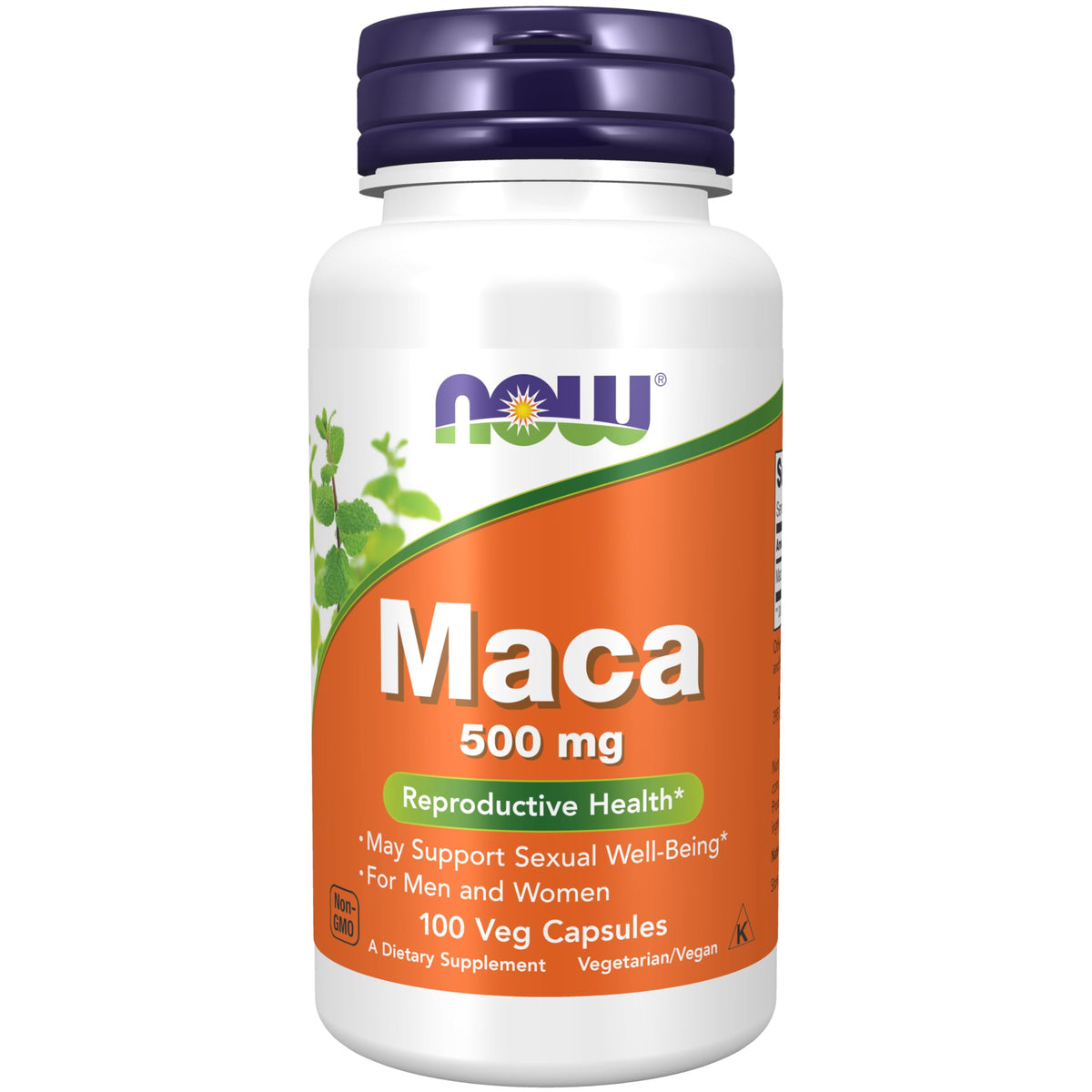 NOW Foods Maca 500 mg boîte vue avant avec 100 capsules végétales