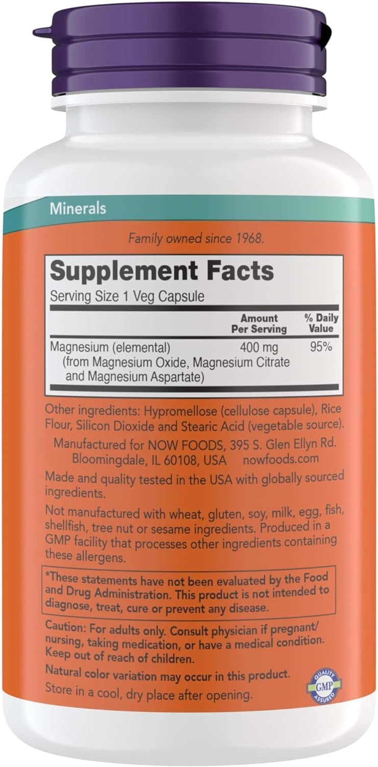 NOW Foods Magnésium 400 mg bouteille avec étiquette