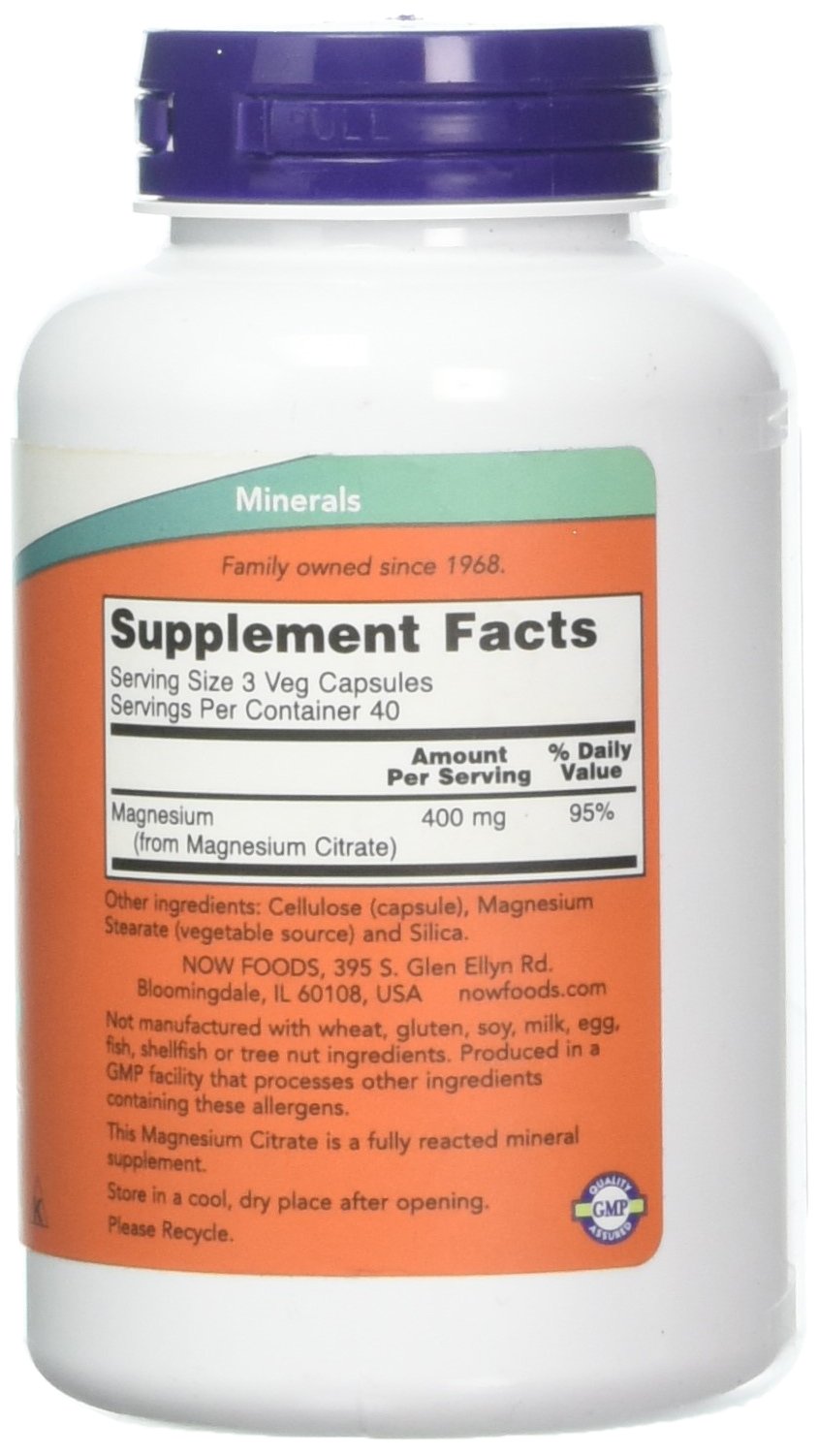 NOW Foods Magnésium Citrate 240 Vcaps présentation sur une table