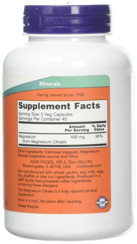 NOW Foods Magnésium Citrate 240 Vcaps présentation sur une table