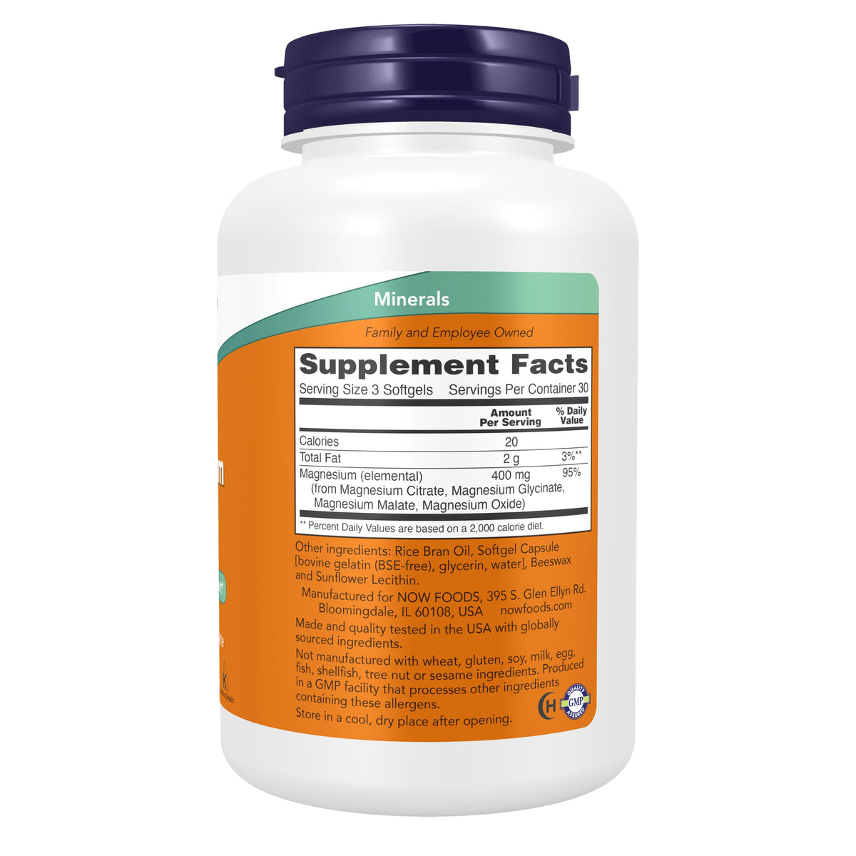 NOW Foods Magnésium Citrate gélules sur fond blanc