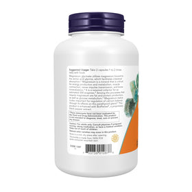 NOW Foods Magnésium Glycinate capsules végétales sur fond blanc
