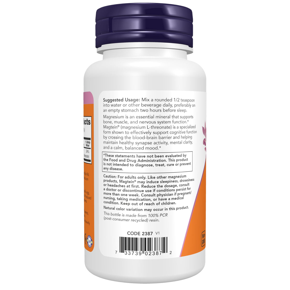 NOW Foods Magnésium L-Thréonate 118g, vue de côté