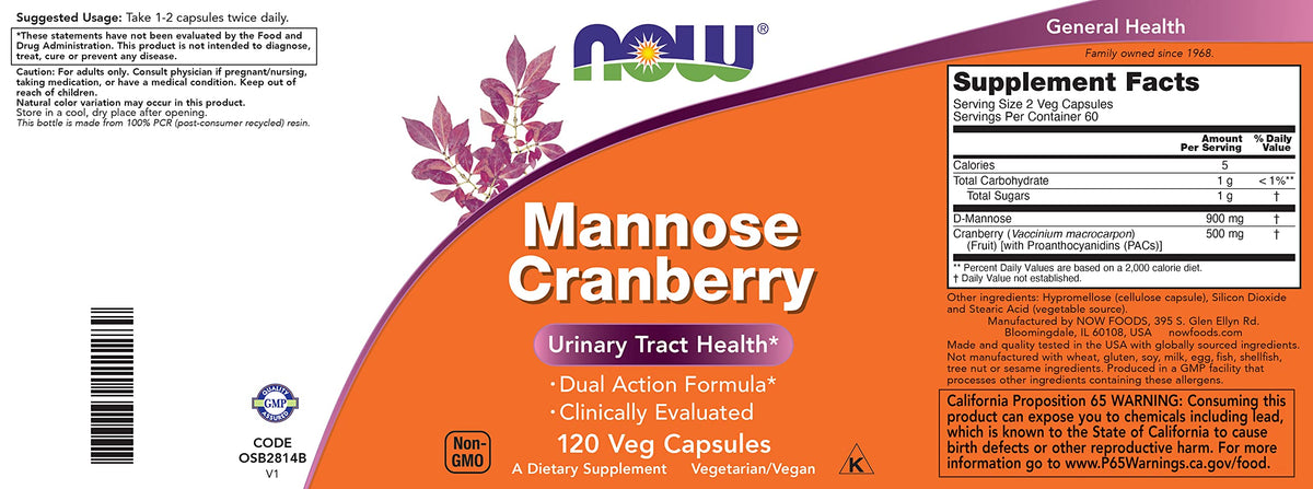 NOW Foods Mannose Cranberry 120 capsules avec un arbre planté