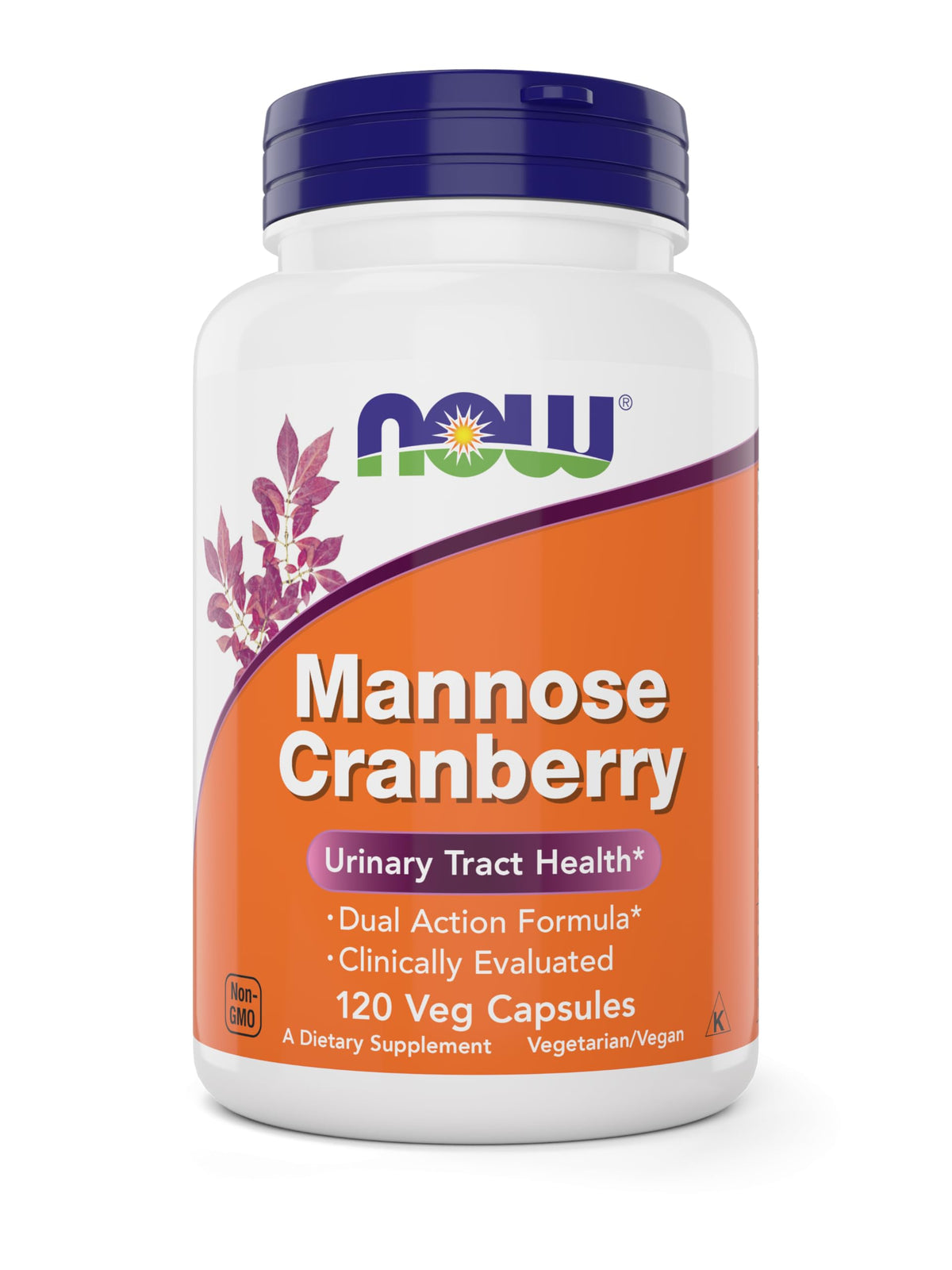 NOW Foods Mannose Cranberry 120 capsules sur fond neutre