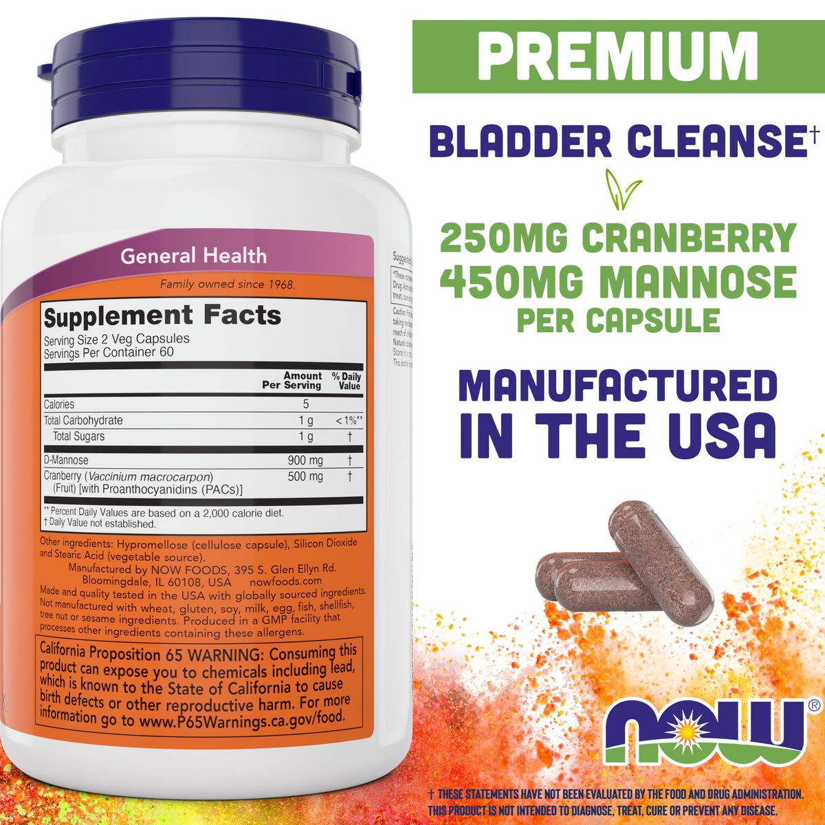 NOW Foods Mannose Cranberry 120 Capsules vue arrière avec informations nutritionnelles