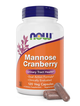 NOW Foods Mannose Cranberry 120 Capsules vue avant avec étiquette