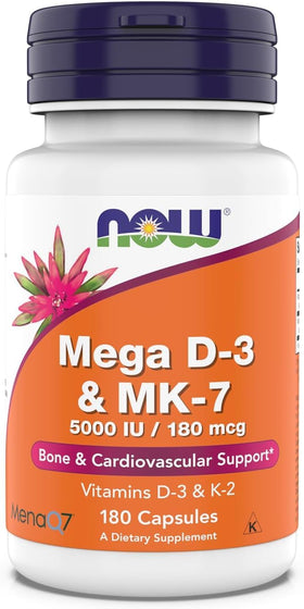 NOW Foods Mega D-3 & MK-7 180 capsules vue avant avec étiquette