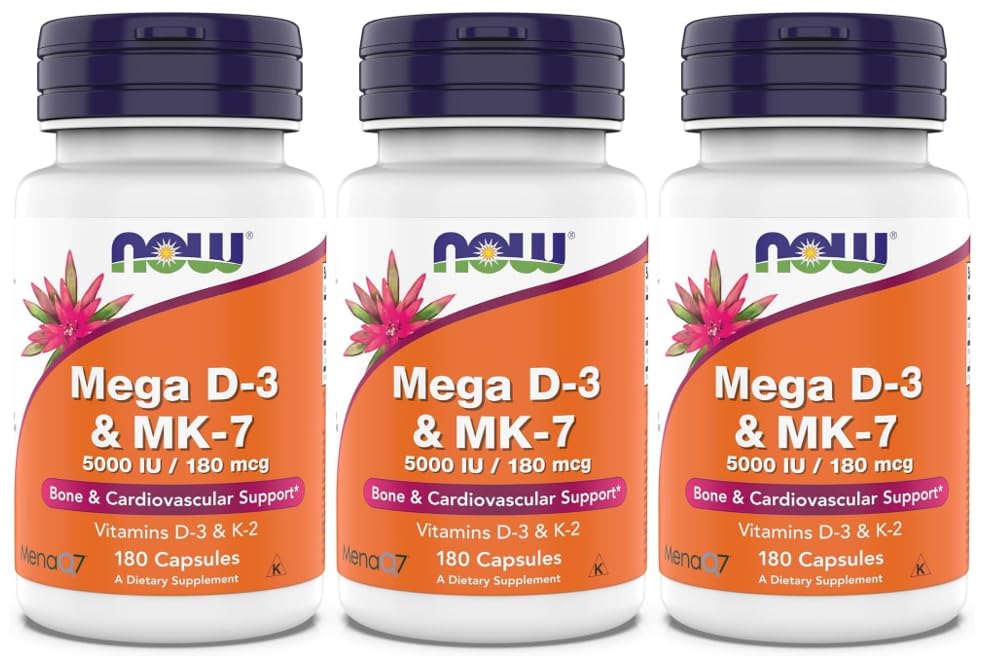 NOW Foods Mega D-3 & MK-7 5000 IU 180 capsules front view
