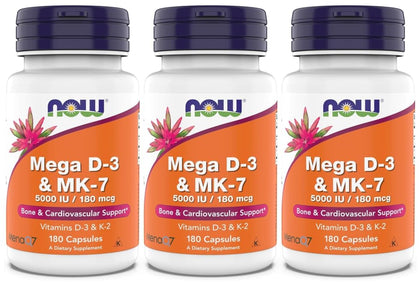 NOW Foods Mega D-3 & MK-7 5000 IU 180 capsules front view