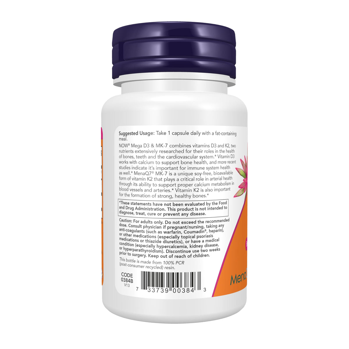 NOW Foods Mega D-3 & MK-7 5000 IU 60 Veg Capsules back view