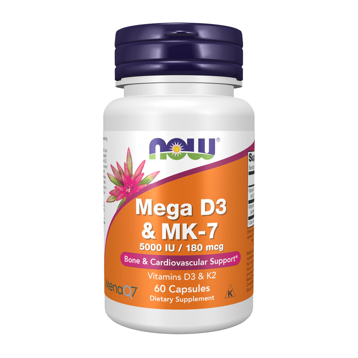 NOW Foods Mega D-3 & MK-7 5000 IU 60 Veg Capsules front view