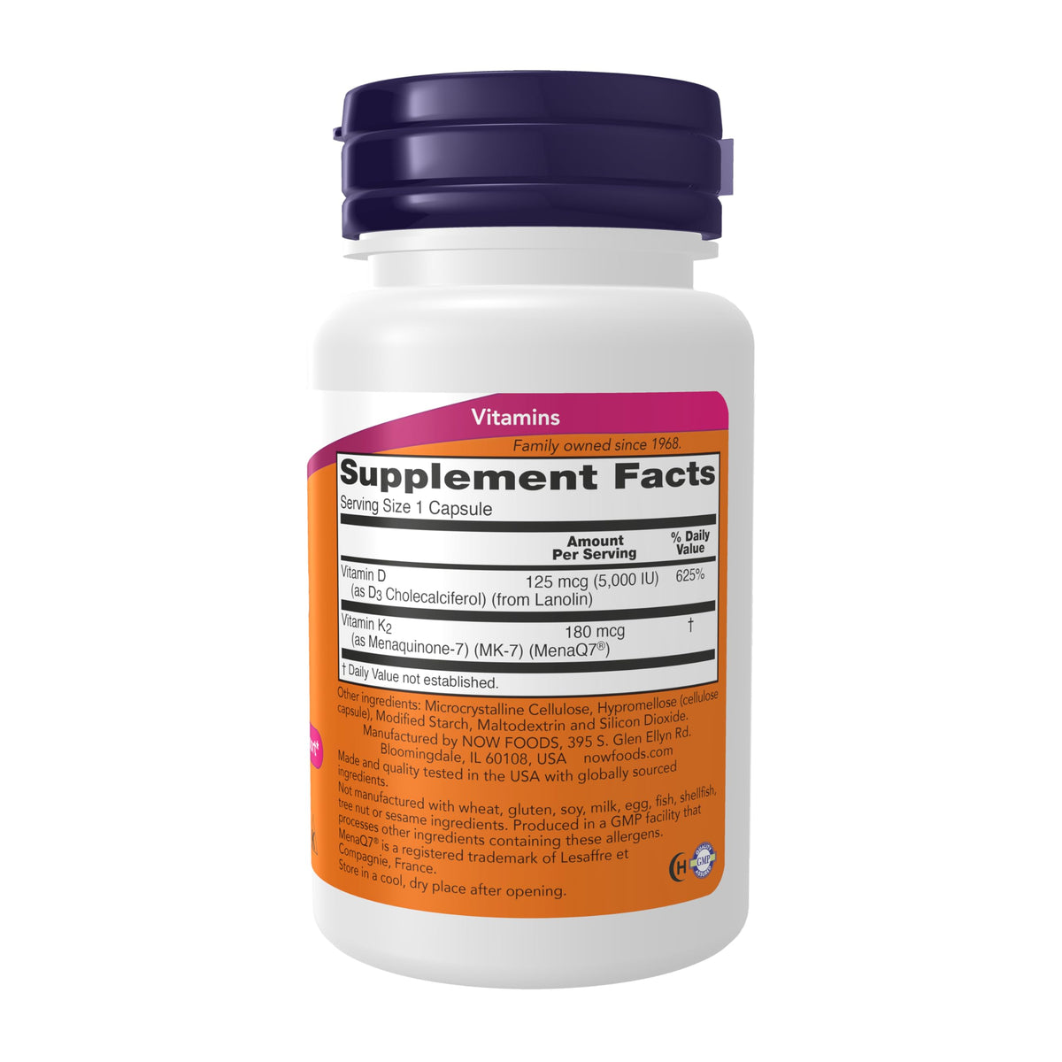 NOW Foods Mega D-3 & MK-7 5000 IU 60 Veg Capsules side view