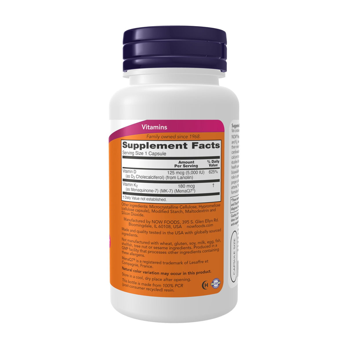 NOW Foods Mega D-3 & MK-7 capsules, vue de côté