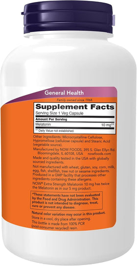 NOW Foods Mélatonine Extra Force 10 mg, vue de côté avec étiquette
