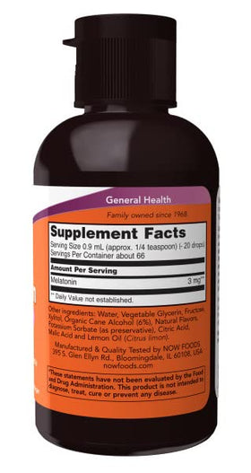 NOW Foods Mélatonine Liquide 2 fl oz étiquette et dosage
