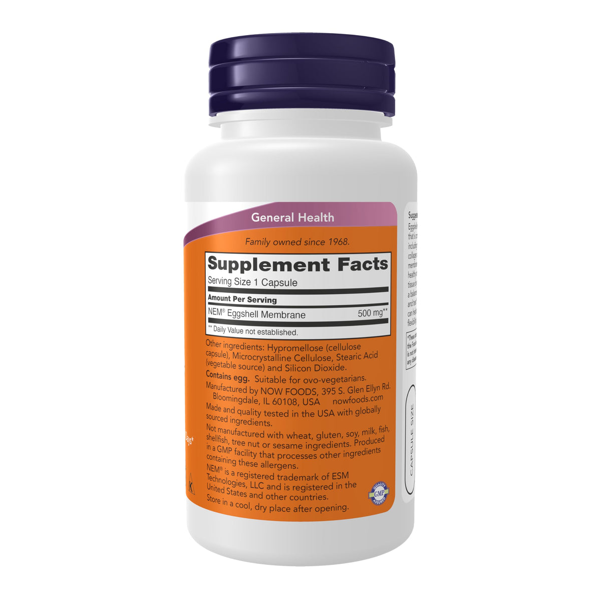 NOW Foods Membrane de Coquille d'Oeuf 500 mg vue arrière avec ingrédients