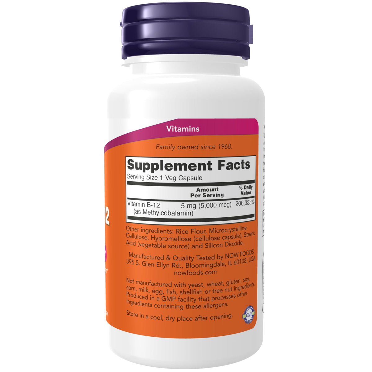 NOW Foods Methyl B-12 5000mcg capsules, arrière du produit