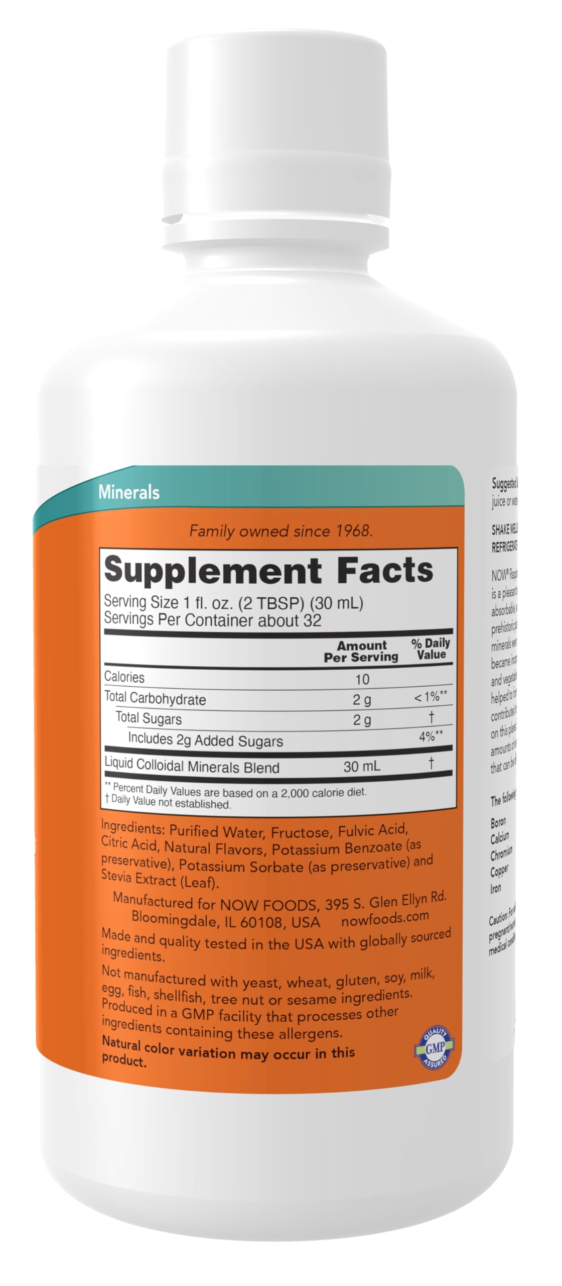 NOW Foods Minéraux Colloïdaux 32 oz affichant l'étiquette et les informations nutritionnelles