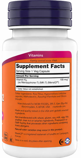 NOW Foods MK-7 Vitamine K-2 100 mcg capsules végétales, arrière