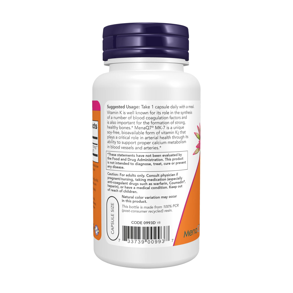 NOW Foods MK-7 Vitamine K-2 100 mcg Capsules Végétales côté