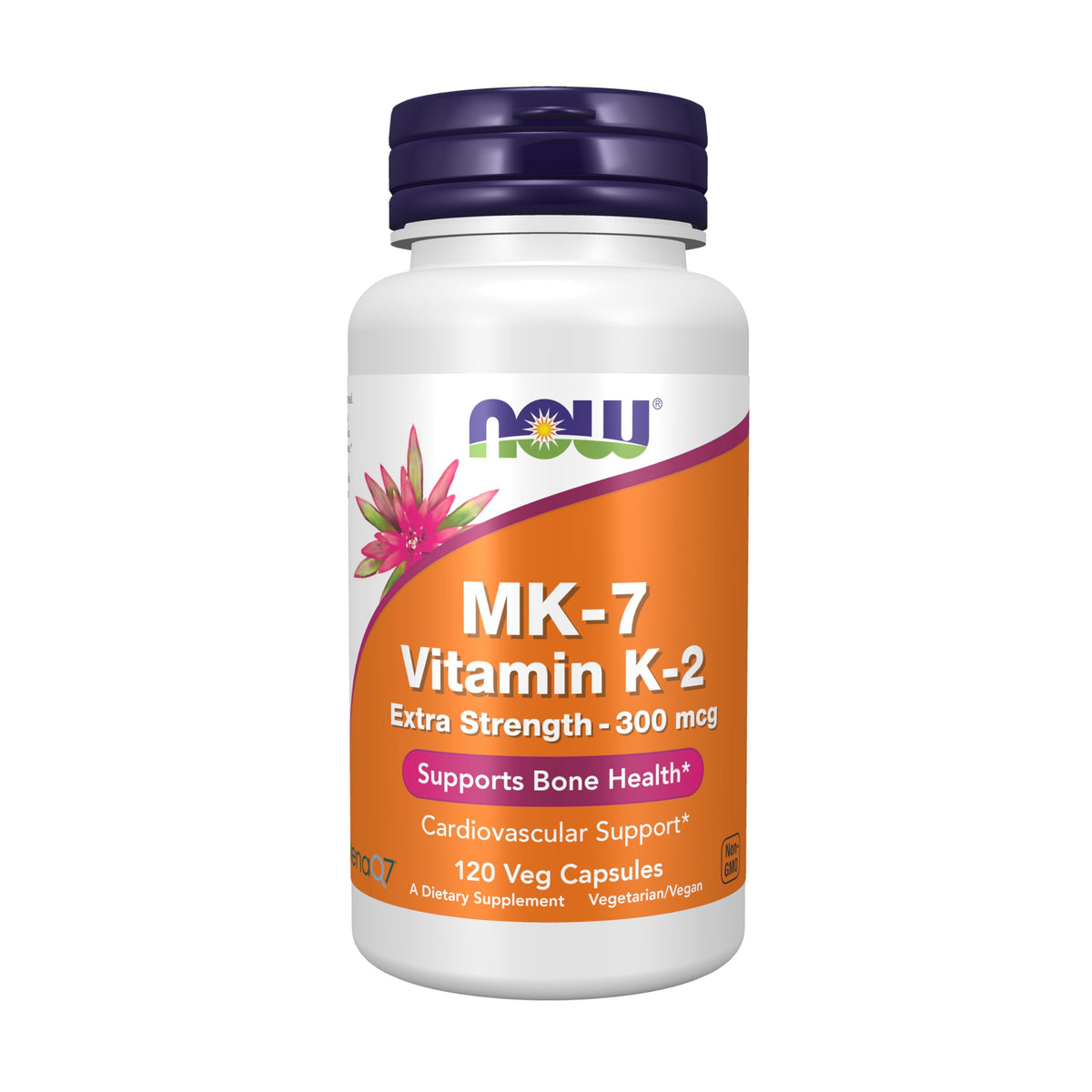 NOW Foods MK-7 Vitamine K-2 300 mcg capsules végétales devant un fond blanc