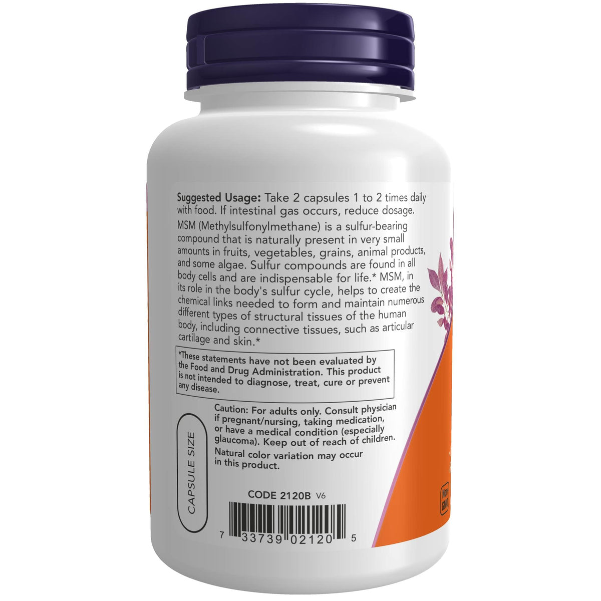 NOW Foods MSM 1 000 mg capsules à côté d'un verre d'eau