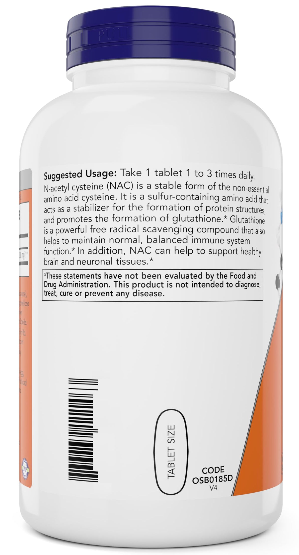NOW Foods NAC 1000 mg 250 comprimés - vue arrière de l'emballage