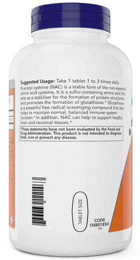 NOW Foods NAC 1000 mg 250 comprimés - vue arrière de l'emballage