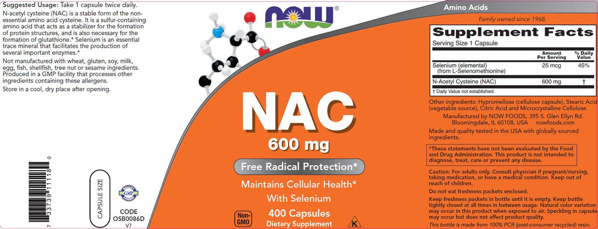 NOW Foods NAC 600 mg 400 Capsules, capsules dans un bol