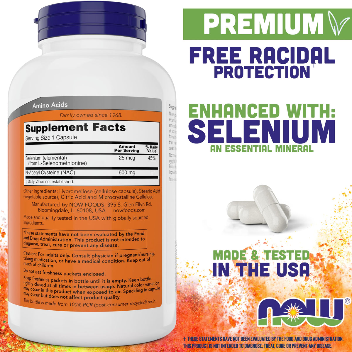NOW Foods NAC 600 mg étiquette avec Sélénium