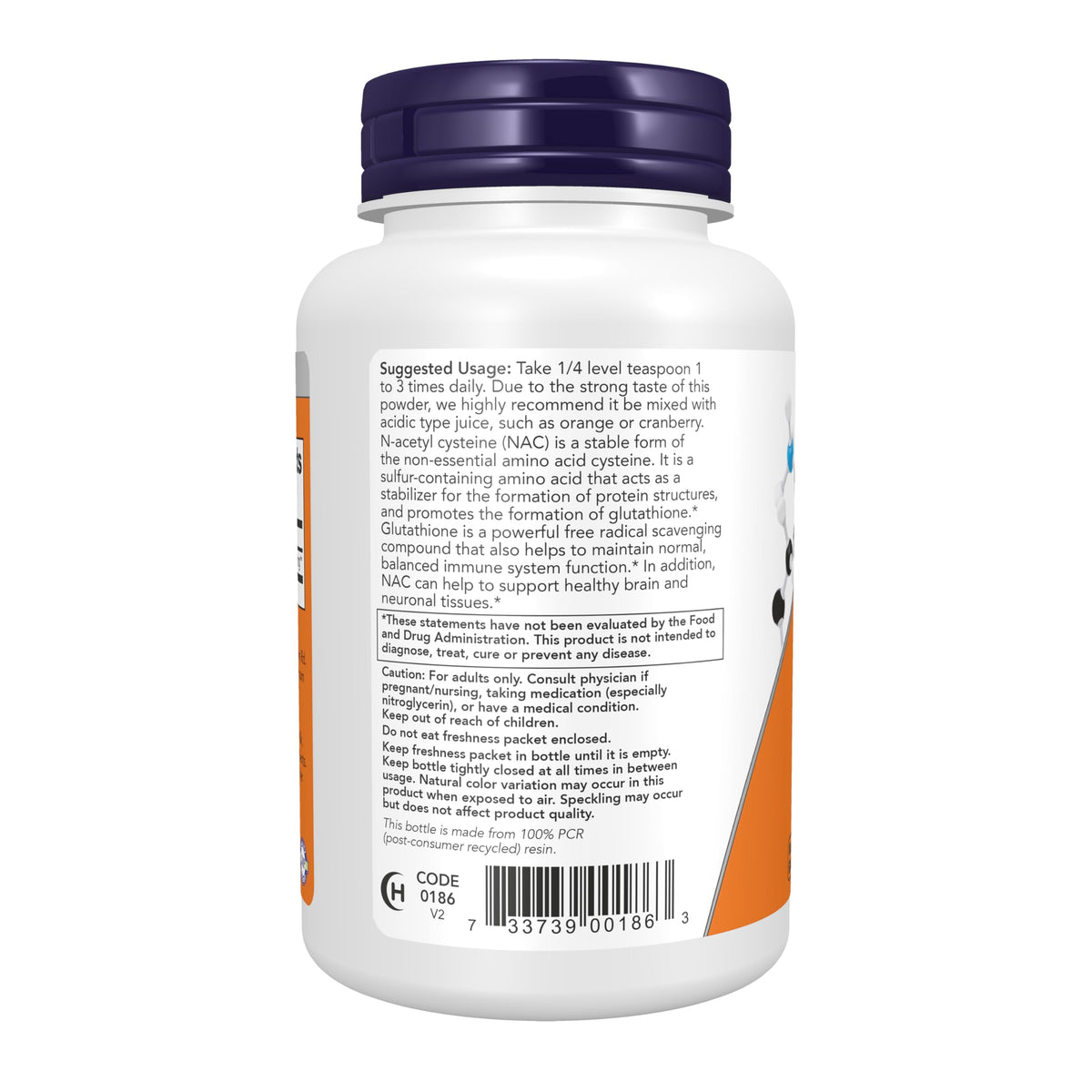 NOW Foods NAC Poudre Pure 600 mg 113 g vue arrière