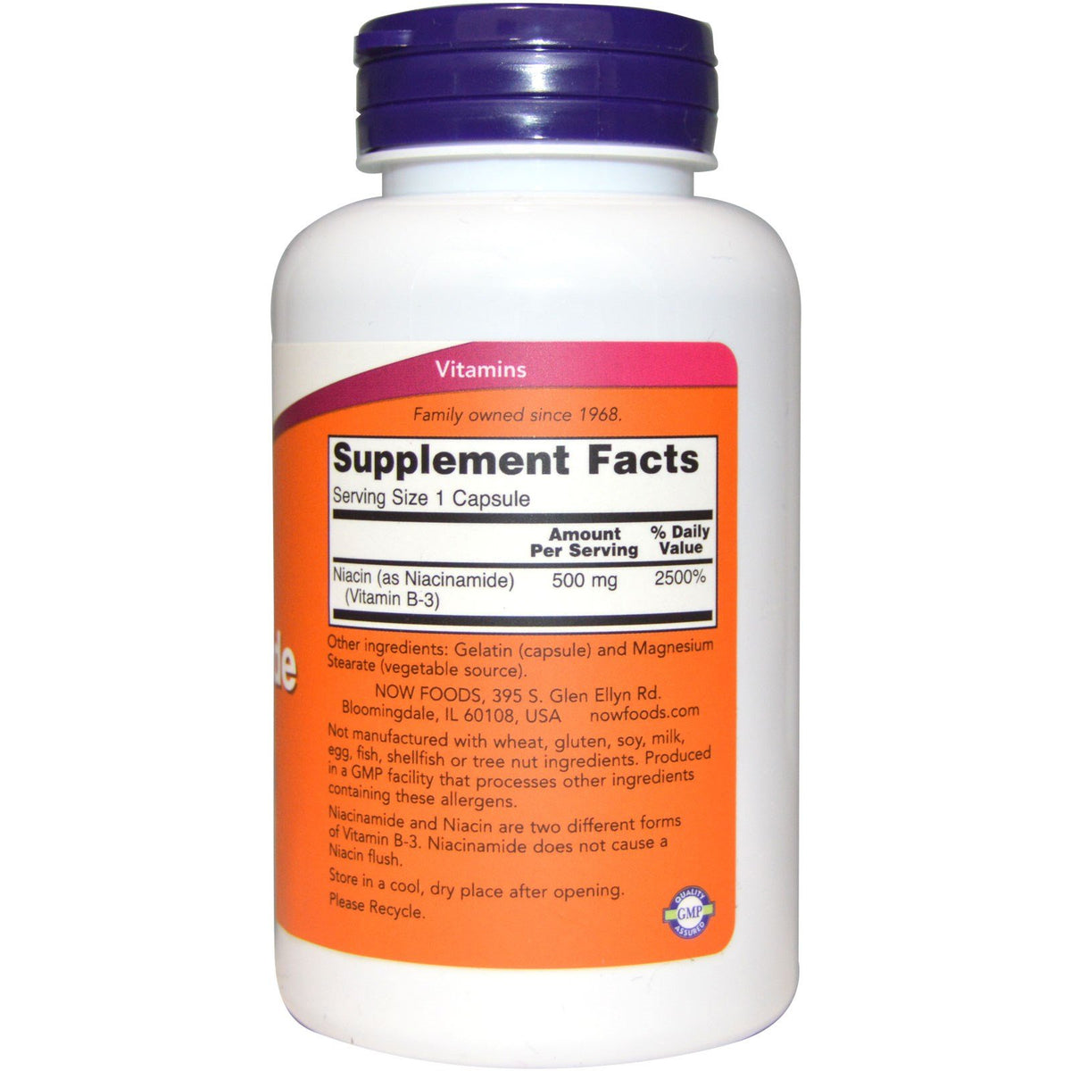 NOW Foods Niacinamide 500mg 100 capsules vue arrière