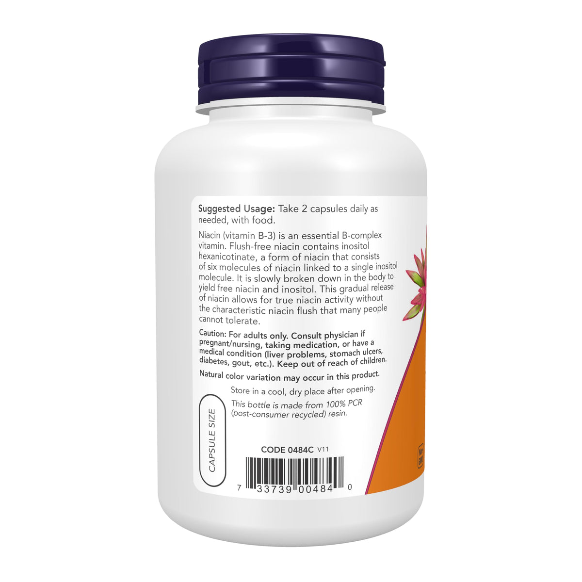 NOW Foods Niacine 250 mg capsules, vue arrière montrant les informations nutritionnelles