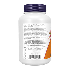 NOW Foods Niacine 250 mg capsules, vue arrière montrant les informations nutritionnelles